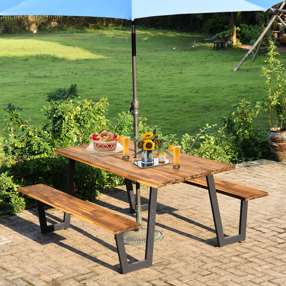 70-inch dining table set made of acacia wood with metal frame, featuring umbrella hole, perfect for outdoor use.