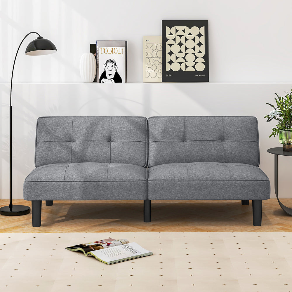 Convertible gray futon sofa bed with 6-position adjustable backrest, ideal for relaxation and extra sleeping space.