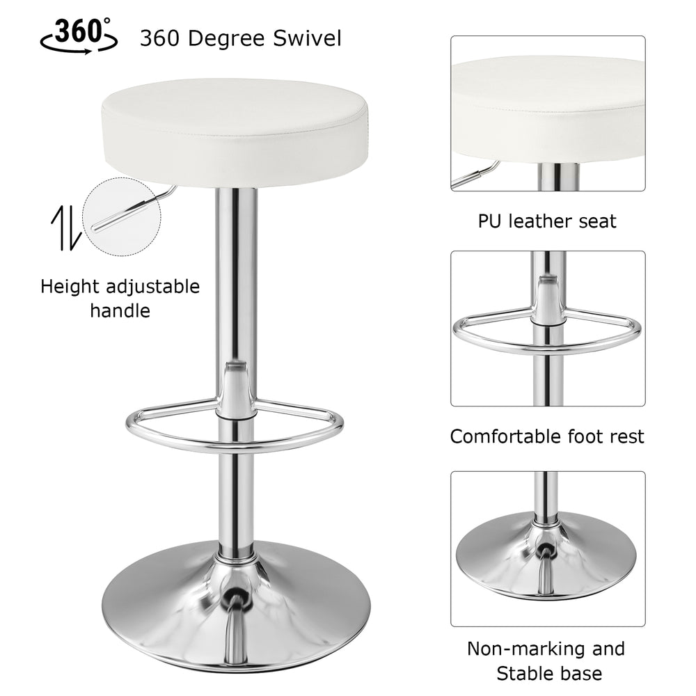 White PU leather swivel barstool with chrome footrest, height adjustable, perfect for bar or extra seating.