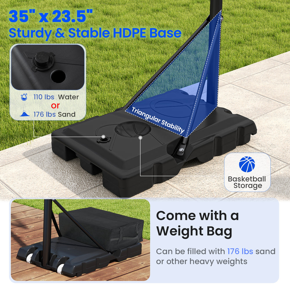 Sturdy HDPE base for portable basketball hoop, fillable with 176 lbs of sand or water for stability outdoors.