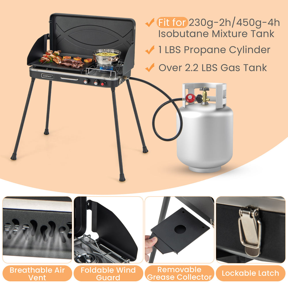 Portable black 2-in-1 gas camping grill and stove with detachable legs, ideal for BBQs and outdoor cooking.