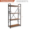 Industrial 4-tier bookshelf with wooden shelves, adjustable height, and 4 hooks for extra storage in any room.