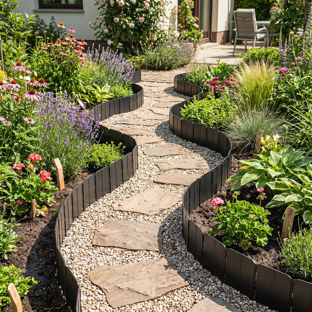 Black garden edging borders create a winding path for flower beds, featuring an interlocking design for easy installation.
