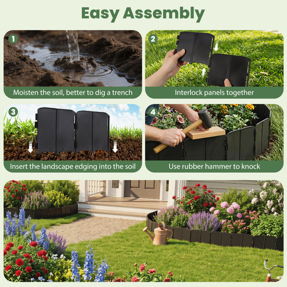 Garden edging borders with interlocking design, made of durable black PP material, ideal for flower beds and paths.