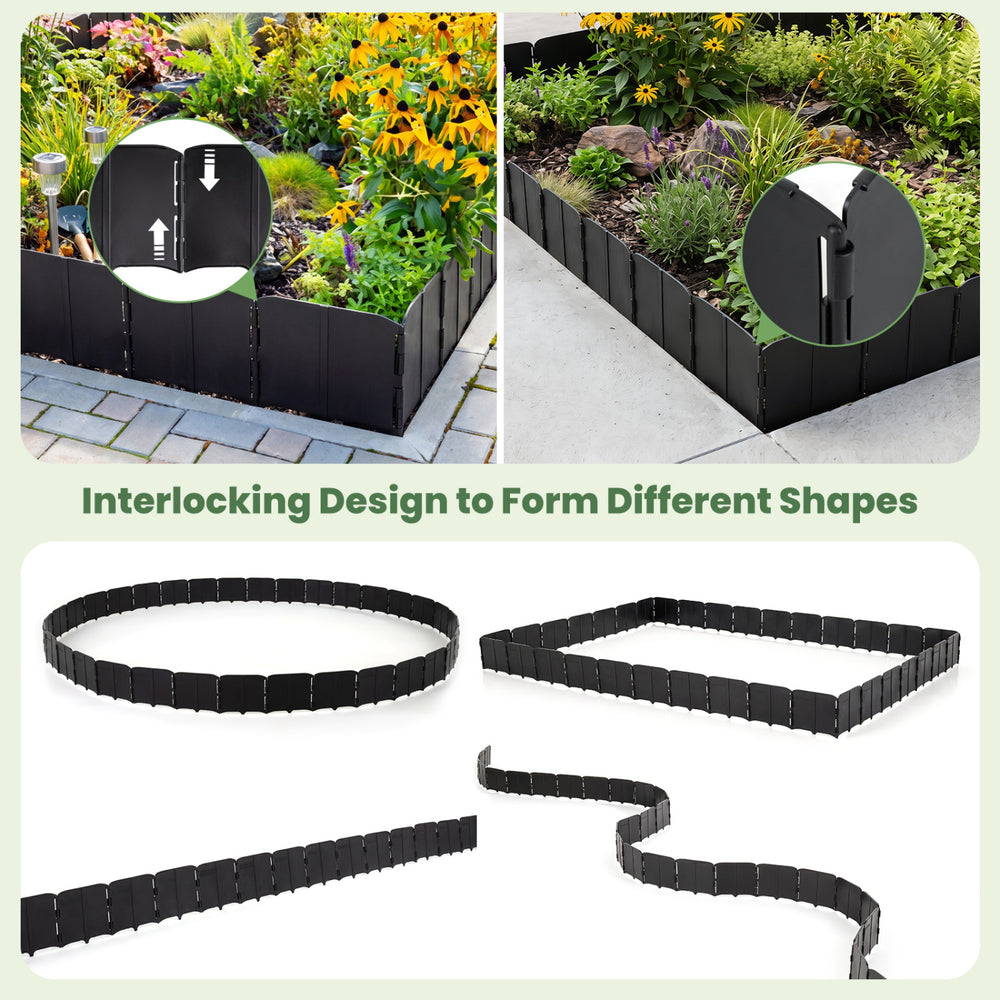 Garden edging borders in black with interlocking design, suitable for flower beds and customizable shapes.