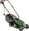 Electric corded lawn mower in black and green with a 13-inch cutting width and foldable handle for easy storage.