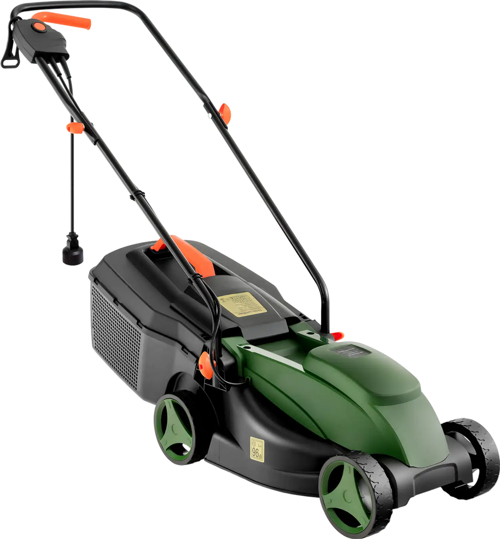 Electric corded lawn mower in black and green with a 13-inch cutting width and foldable handle for easy storage.