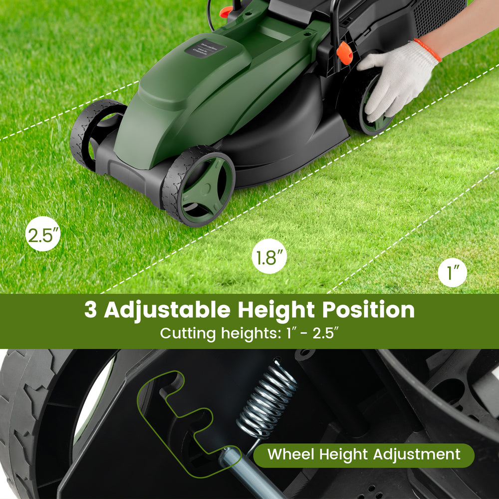 Electric corded lawn mower showing adjustable height settings from 1" to 2.5" for customized grass cutting.