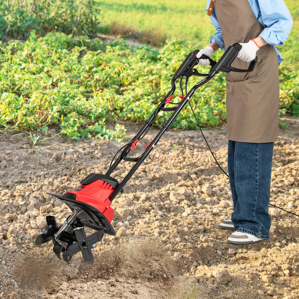 10 Amp Powerful Corded Electric Tiller Cultivator with Safety Lock-Red - Gallery View 1 of 10