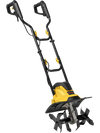 Corded electric tiller cultivator with 10 Amp motor and 4 angled tines for efficient soil digging and easy operation.