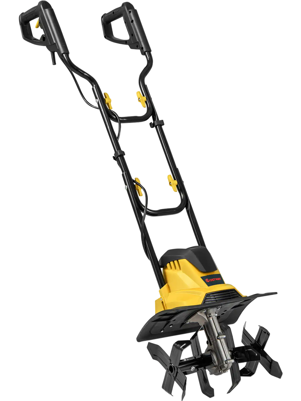 Corded electric tiller cultivator with 10 Amp motor and 4 angled tines for efficient soil digging and easy operation.