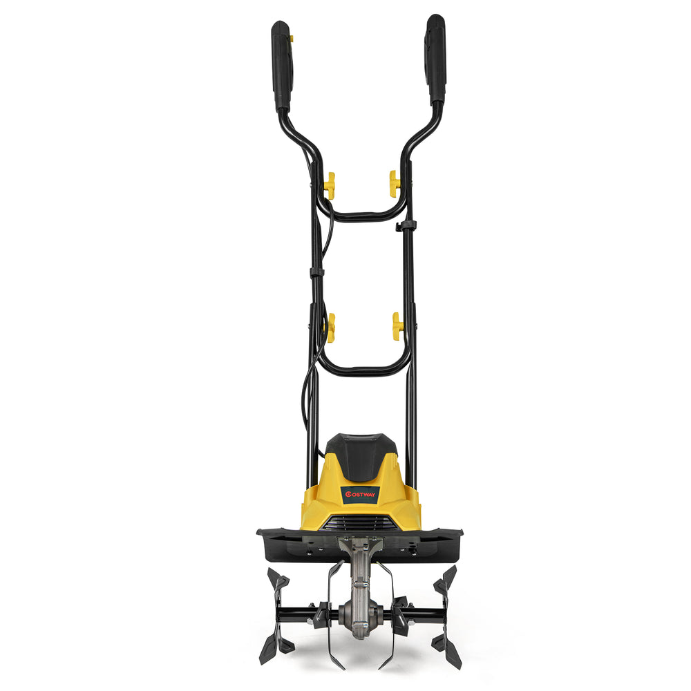 Corded electric tiller cultivator with 10 Amp motor, foldable handle, and 4 angled tines for efficient soil digging.