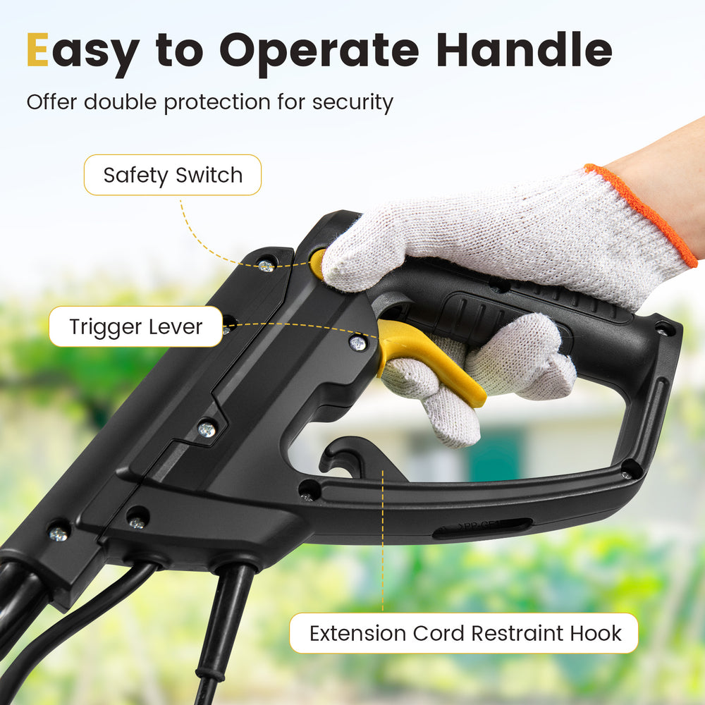 Easy-to-operate handle of the 10 Amp electric tiller with safety switch and trigger lever for secure operation.