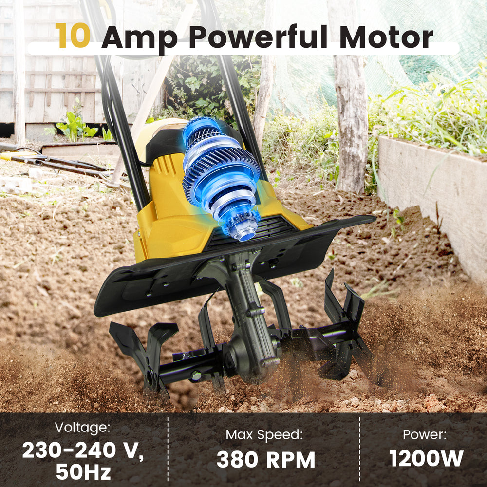 Corded electric tiller cultivator with 10 Amp motor, 4 angled tines, and foldable handle for efficient soil digging.