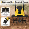 Corded electric tiller with 4 angled tines, 14-inch working width, designed for efficient soil digging and easy.