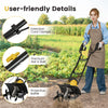Corded electric tiller cultivator with 10 Amp motor, safety lock, and user-friendly features for efficient soil digging.