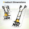 Corded electric tiller cultivator with 10 Amp motor, 4 angled tines, and foldable handle for easy storage and use.