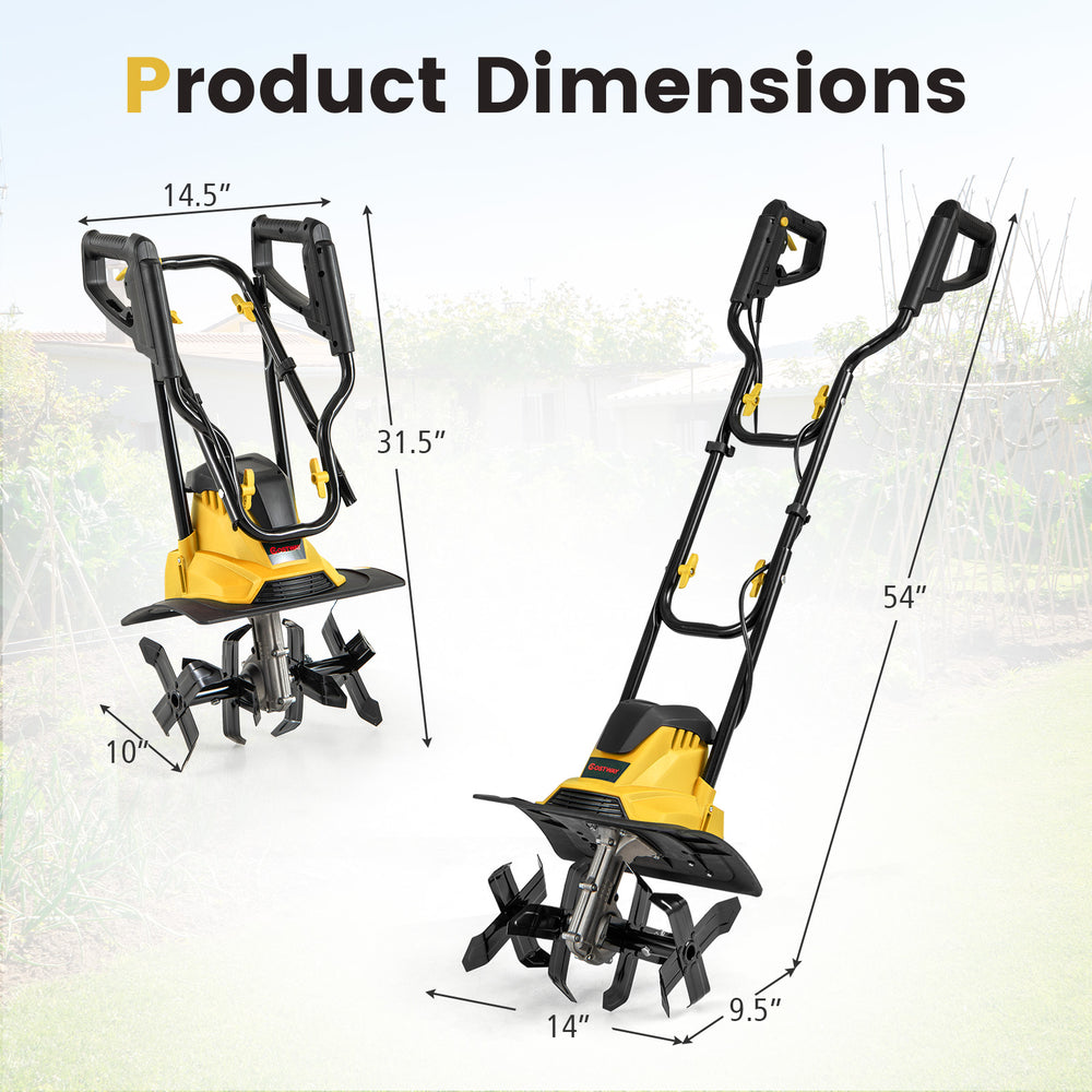 Corded electric tiller cultivator with 10 Amp motor, 4 angled tines, and foldable handle for easy storage and use.