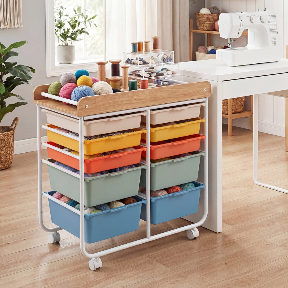 10-Drawer Rolling Cart with Wooden Tabletop and Lockable Wheels for Office-Macaron - Gallery View 1 of 10