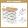 10-drawer rolling cart with wooden tabletop, lockable wheels, and sturdy metal frame for organized office storage.