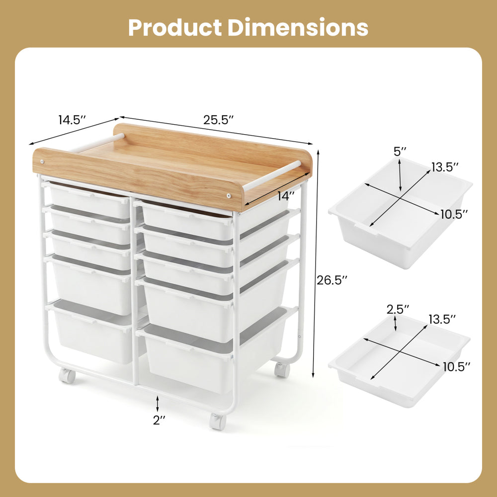 10-drawer rolling cart with wooden tabletop, lockable wheels, and sturdy metal frame for organized office storage.