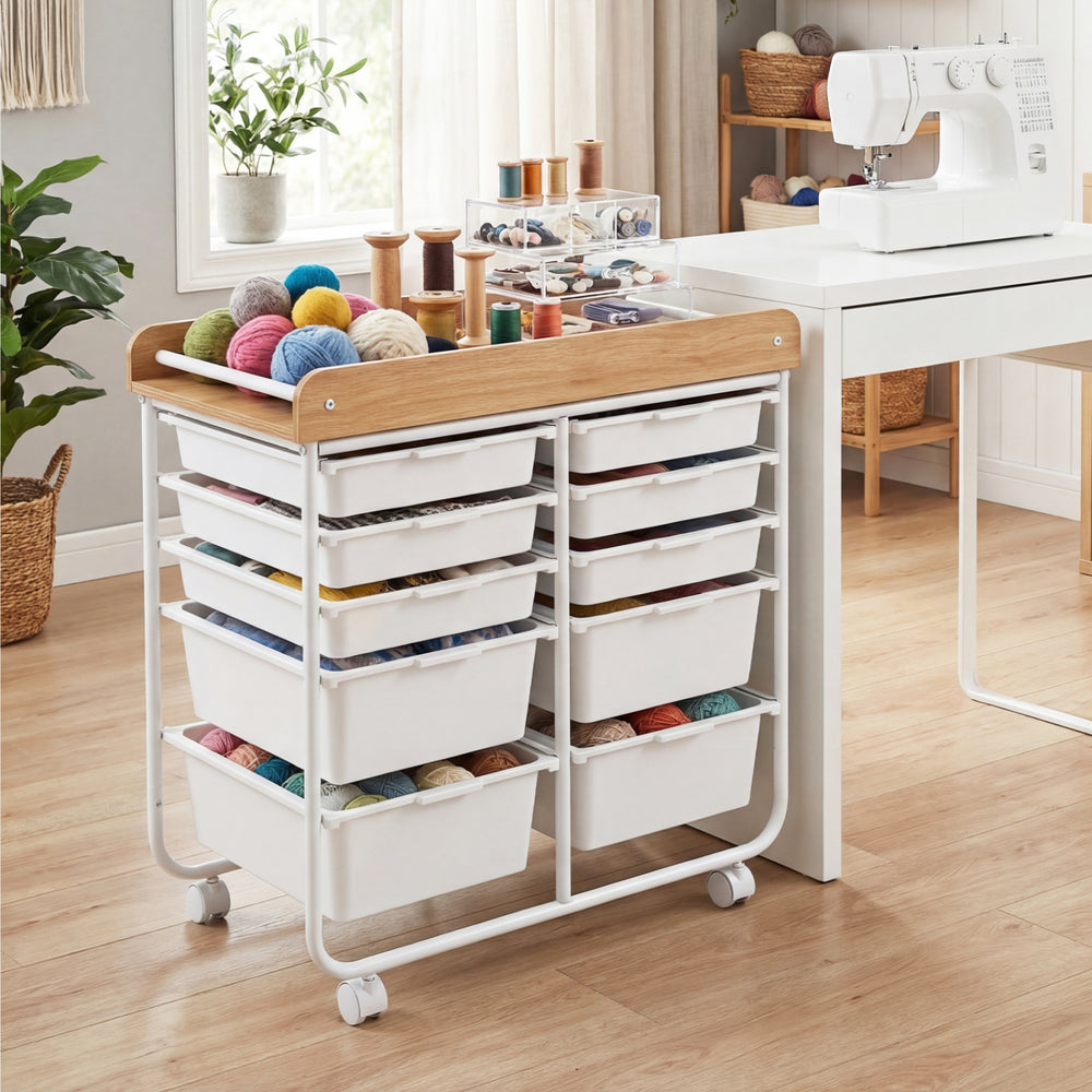 10-drawer rolling cart with wooden tabletop and lockable wheels, perfect for organized storage in offices or studios.