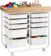 10-drawer rolling cart with wooden tabletop, lockable wheels, and organized storage for office or studio use.