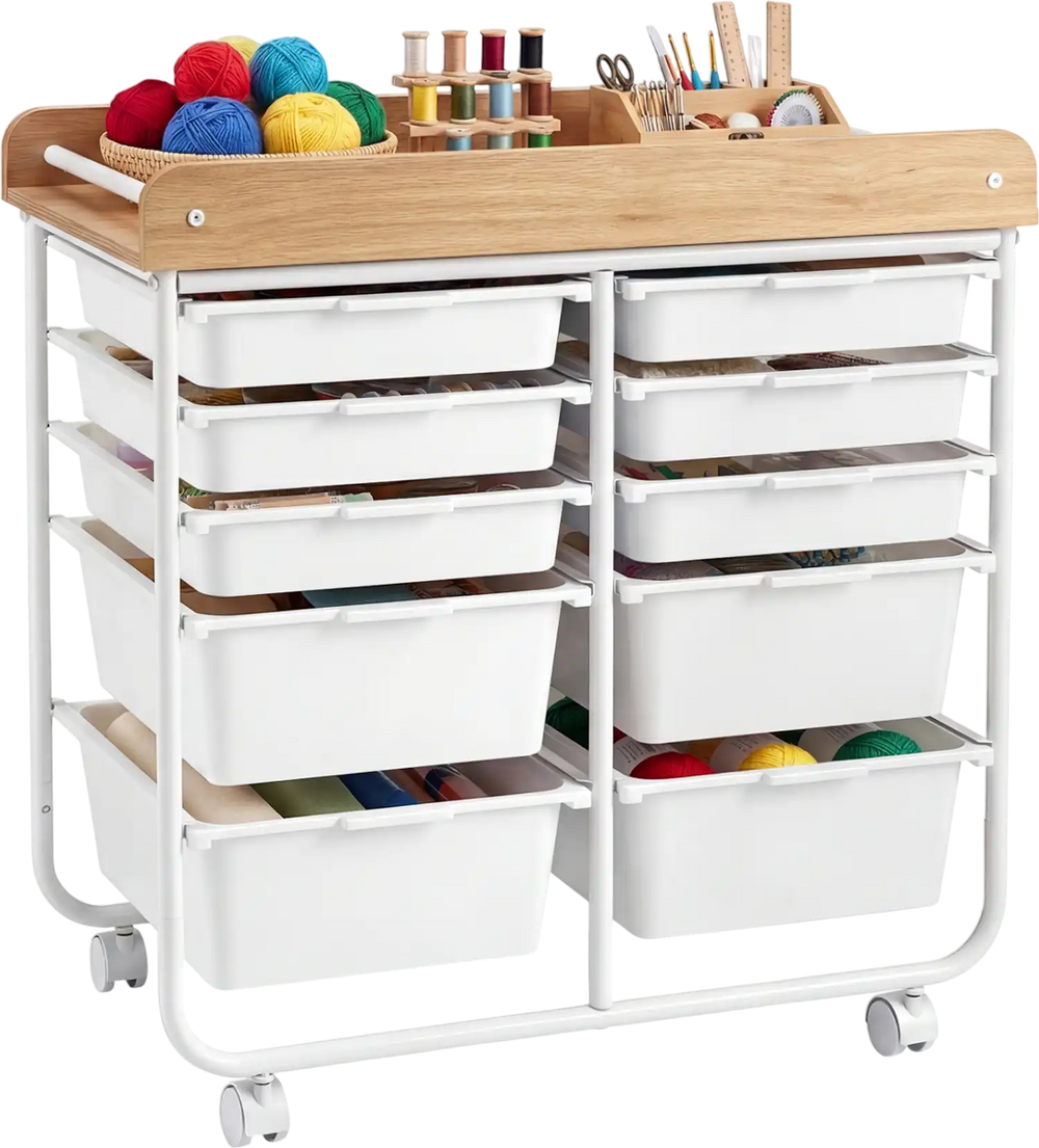10-drawer rolling cart with wooden tabletop, lockable wheels, and organized storage for office or studio use.