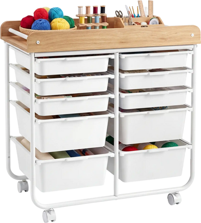 Costway 10-Drawer Rolling Cart Wooden Tabletop Lockable Wheels Office File Cabinet 45688236 New