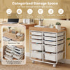 10-drawer rolling cart with wooden tabletop, lockable wheels, and organized storage for office or classroom use.
