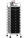 10-drawer rolling storage cart with a black finish, metal frame, and lockable wheels, ideal for home or classroom.