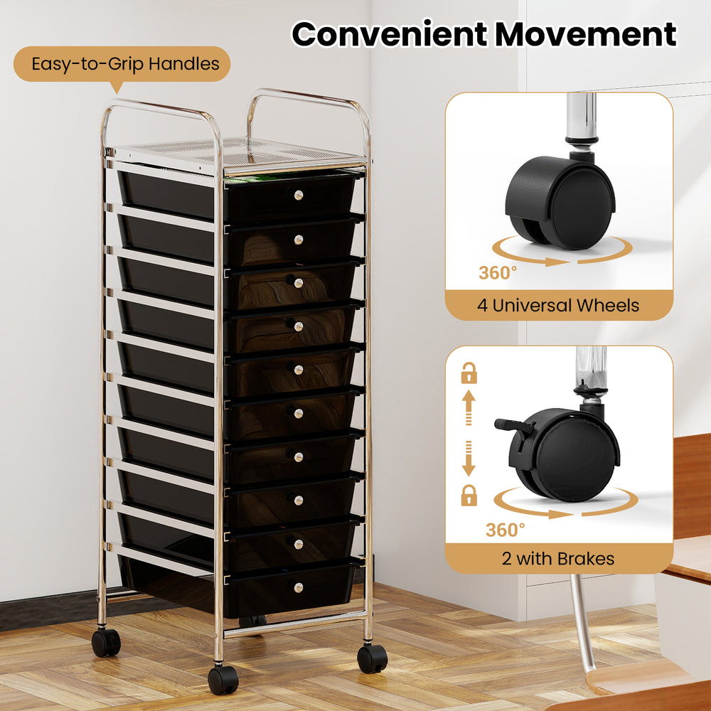 10-drawer rolling storage cart in black with metal frame and lockable wheels, ideal for home, dorms, or classrooms.