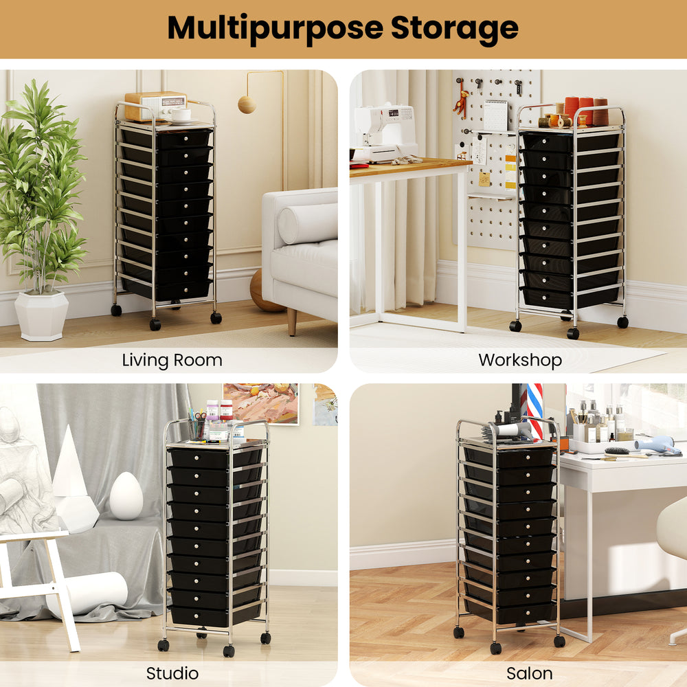 10-drawer rolling storage cart in black with metal frame, ideal for versatile organization in home or workspace.