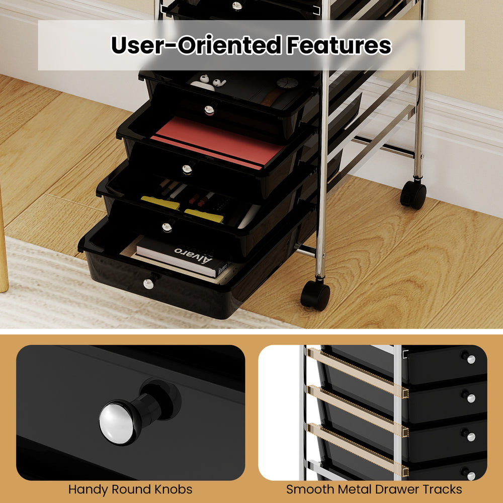 10-drawer rolling storage cart in black with metal frame, featuring handy knobs and smooth drawer tracks for easy use.