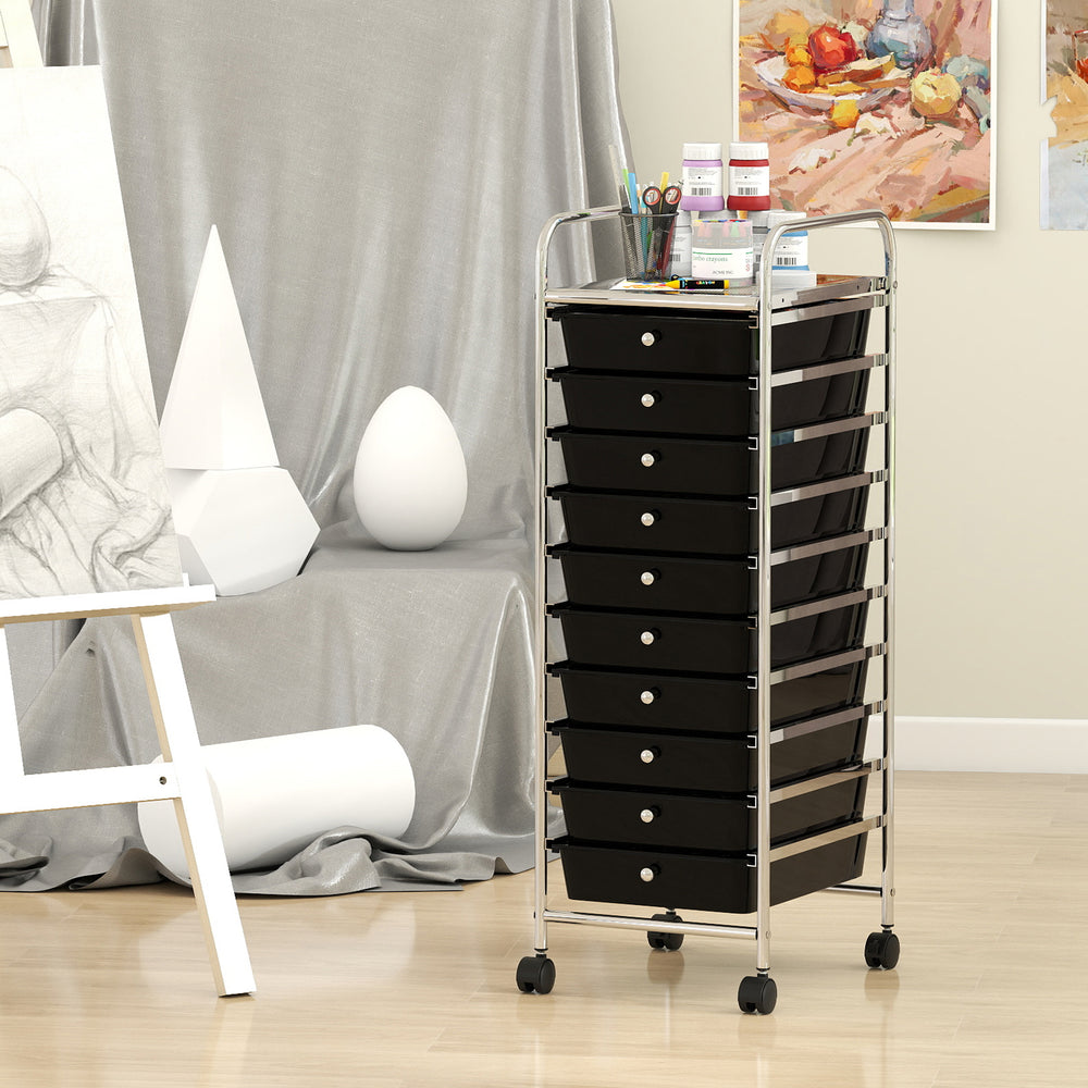 10-Drawer Rolling Storage Cart with Metal Frame and Lockable Universal Wheels-Black - Gallery View 1 of 8