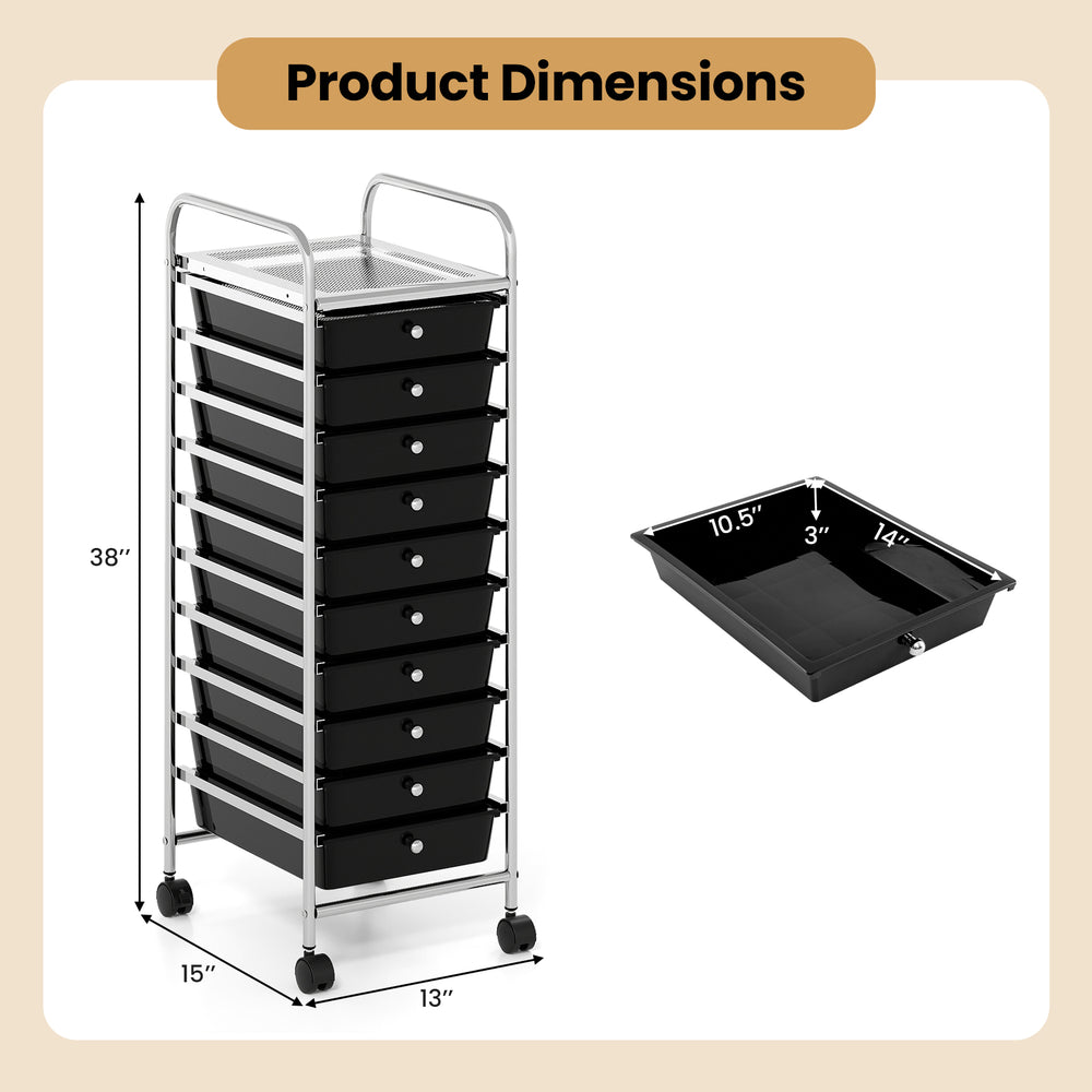 10-drawer rolling storage cart in black with metal frame, featuring lockable wheels for versatile organization.