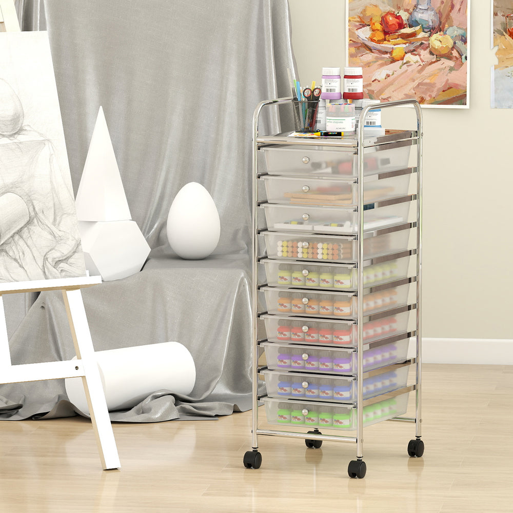 10-Drawer Rolling Storage Cart with Metal Frame and Lockable Universal Wheels-White - Gallery View 1 of 9