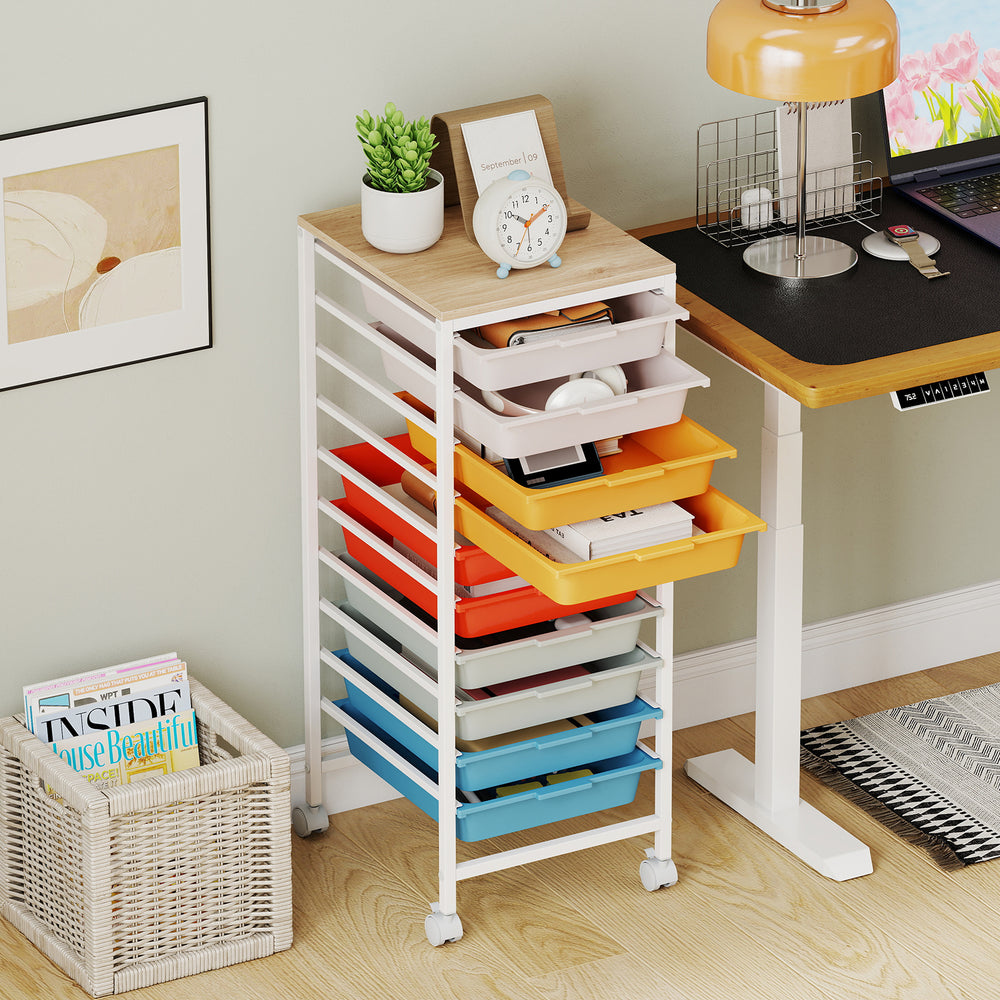 10-Drawer Rolling Storage Cart Mobile Utility Organizer with Wooden Tabletop and Lockable Wheels-Macaron - Gallery View 1 of 11
