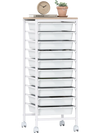 10-drawer rolling storage cart with white drawers and wooden tabletop, ideal for organizing office or craft supplies.