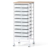 10-drawer rolling storage cart with wooden tabletop, white frame, and lockable wheels for versatile organization.