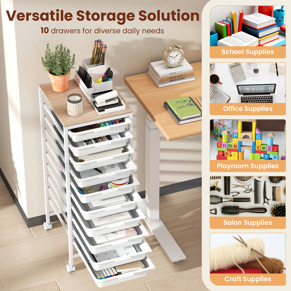 10-drawer rolling storage cart showcasing removable drawers and natural wood grain top, perfect for versatile.