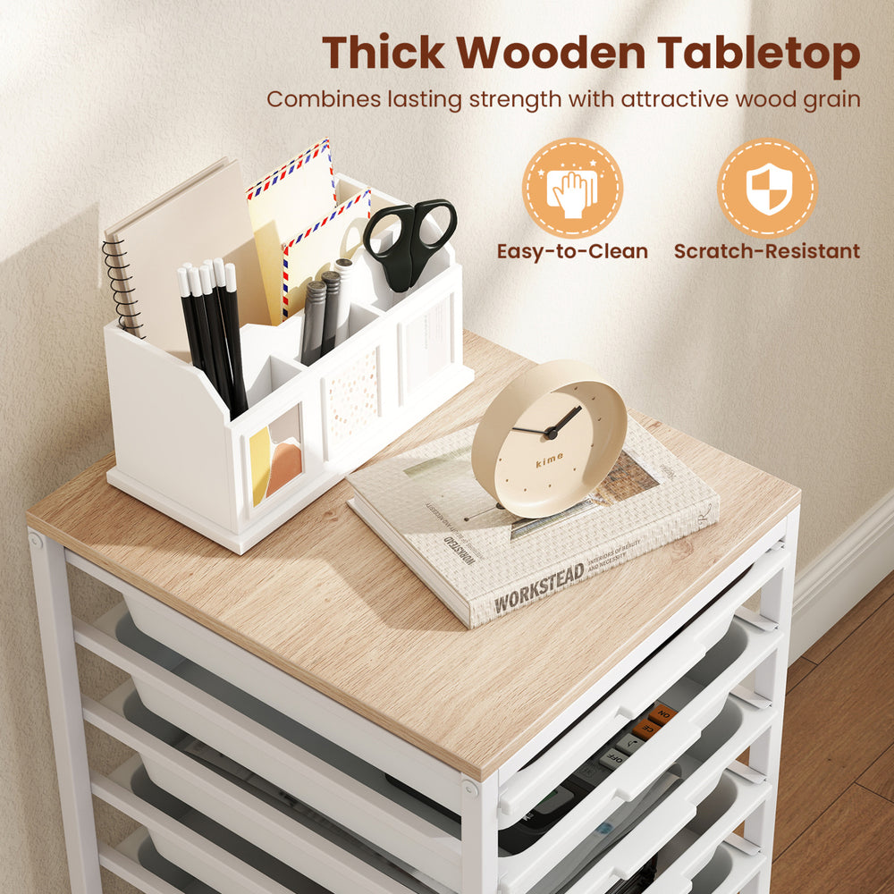 10-drawer rolling storage cart with thick wooden tabletop, featuring a white metal frame for versatile office.