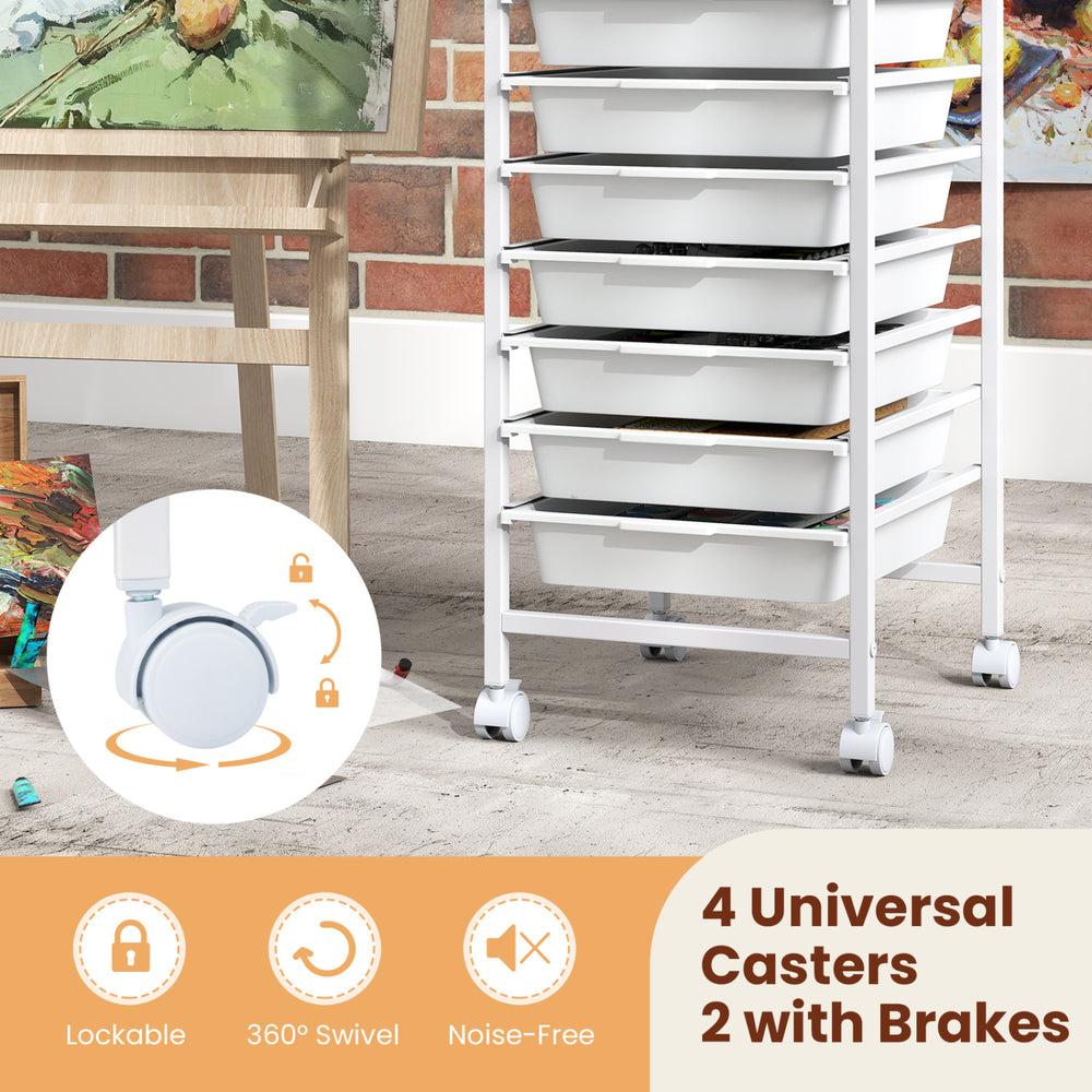10-drawer rolling storage cart with wooden tabletop, lockable wheels, and 360° swivel casters for versatile.