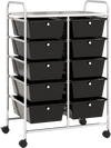 Rolling storage cart with 10 black drawers and a sturdy metal frame, featuring a mesh platform for versatile use.