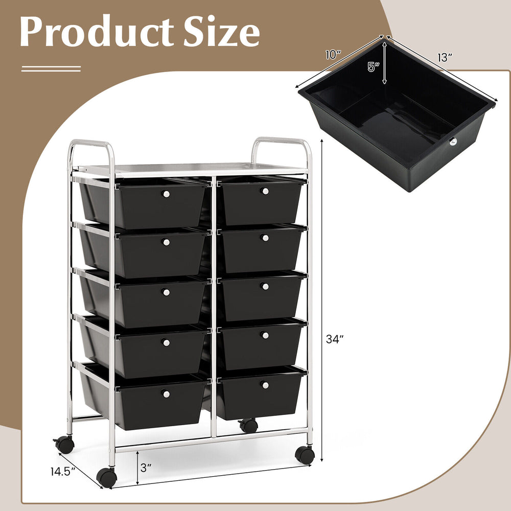 10-drawer rolling storage cart in black with metal frame, featuring removable drawers and lockable wheels for easy.