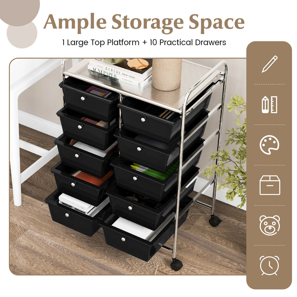 10-drawer rolling storage cart in black with mesh top, featuring removable drawers and lockable wheels for easy.