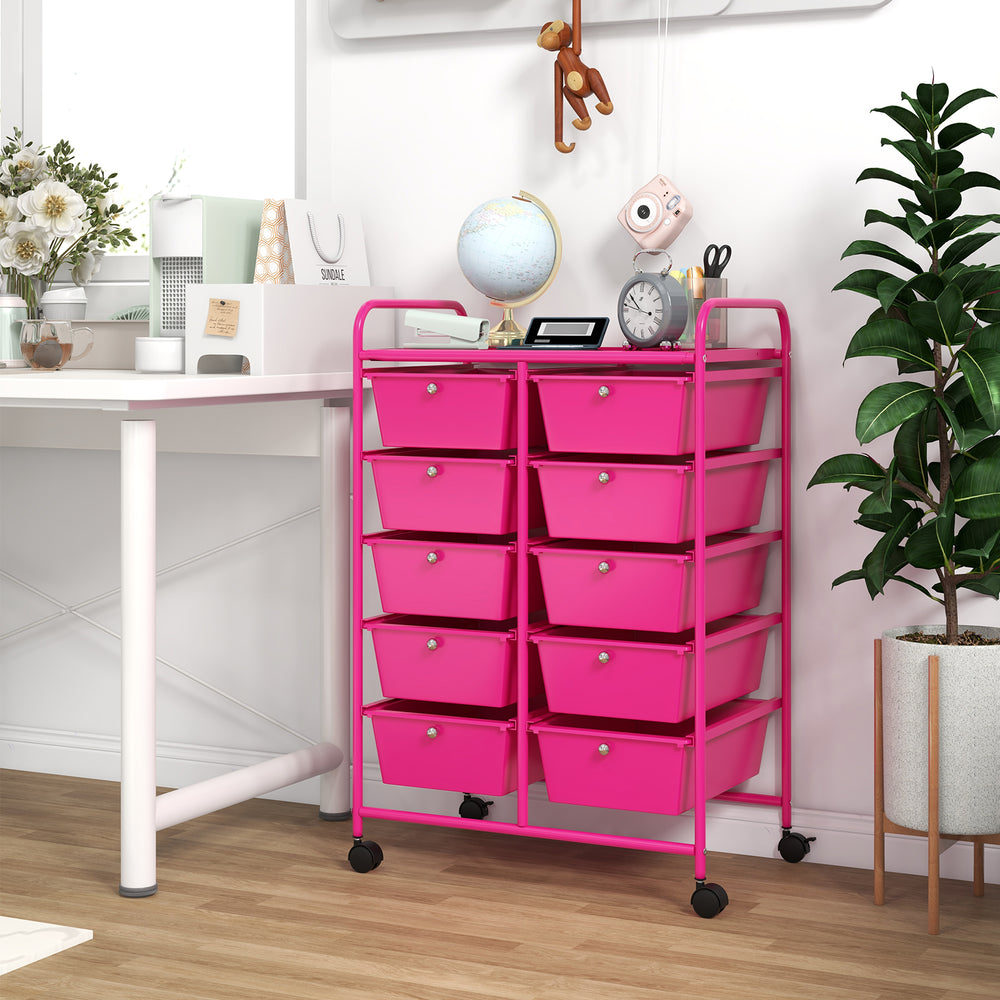 10-Drawer Rolling Storage Cart-Pink - Gallery View 1 of 11