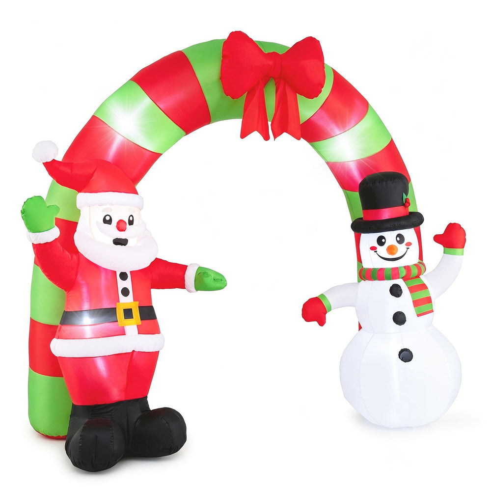 10 FT Christmas inflatable archway featuring Santa and a snowman, with LED lights and a festive red bow for outdoor decor.
