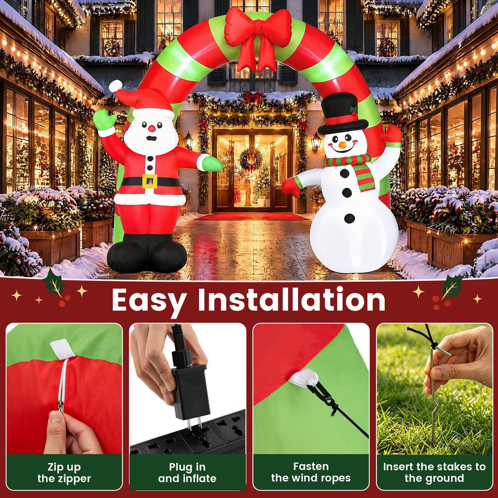 10 FT Christmas inflatable archway featuring Santa and a snowman, designed for festive outdoor holiday decoration.