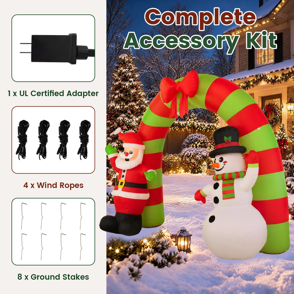 10 FT Christmas inflatable archway featuring Santa and snowman, with LED lights and included wind ropes and ground stakes.